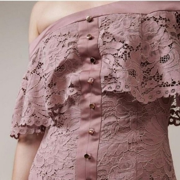 Keepsake The Label Blush Star Crossed Off Shoulder Lace Midi Mauve Dress - Picture 4 of 13